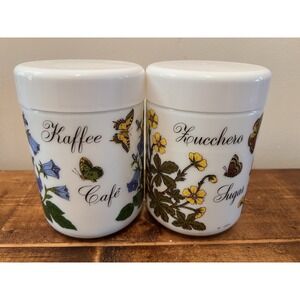 Vintage Cerve Coffee Sugar Canister White Glass Set Butterfly  Flower 70s Italy